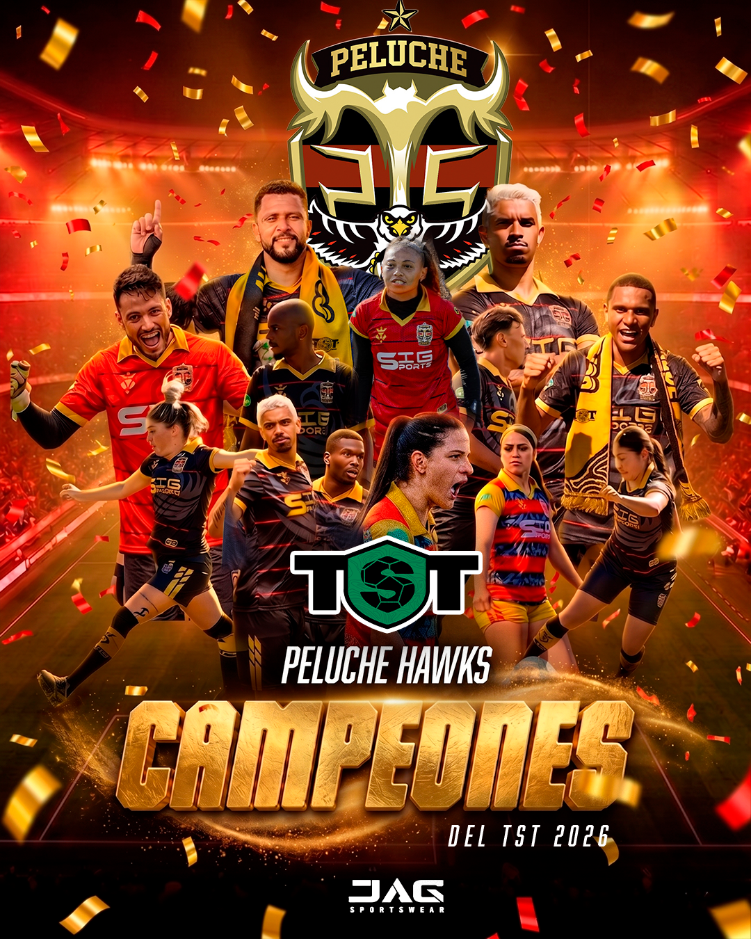 JAG Sportswear vistió a tres equipos en el TST 2026 y celebró el campeonato de Peluche Hawks